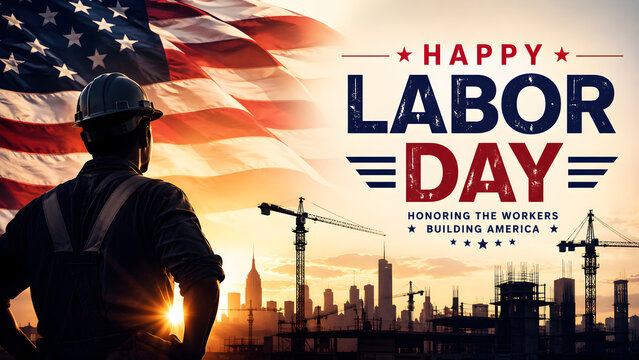 Labor day celebration with american flag and sunset