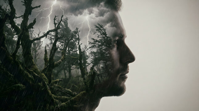 Conceptual double exposure of a man profile merged with a dark forest during a lightning storm