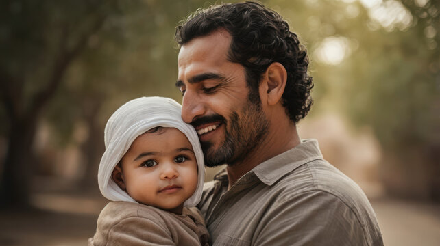 Arab father holding infant, outdoor portrait, warm family moment