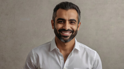 Obraz premium Smiling Arab man portrait in white shirt on gray background