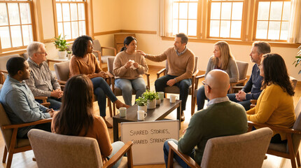 Obraz premium Diverse support group members sharing stories and offering comfort in a bright community room