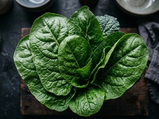 Fototapeta premium Fresh vibrant green spinach leaves with delicate water droplets arranged neatly on a textured dark slate background.