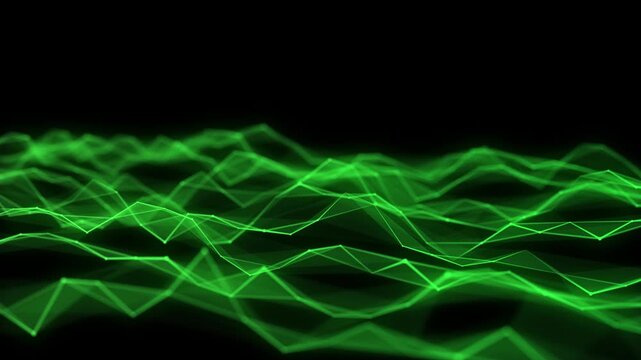Green wave of particles and lines. Big data visualization. Abstract background with a dynamic wave. 3d rendering.