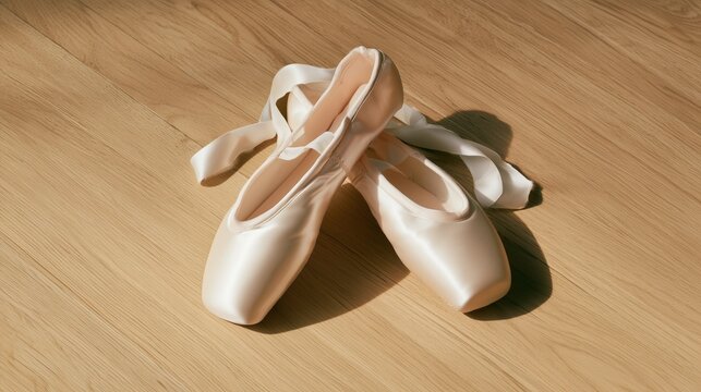 Ballet Pointe Shoes on Wood Floor: Elegant satin pointe shoes with satin ribbons lie on a polished wooden floor, illuminated by soft light, ready for a graceful performance.