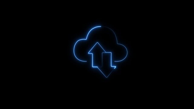 Neon cloud data sync animation: blue glowing upload and download arrows for tech interfaces