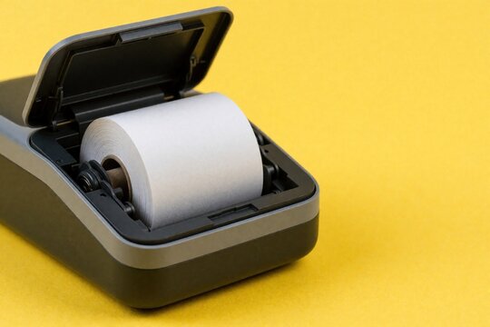 Portable wireless printer with open lid shows paper roll ready for print. Compact device offers quick printouts for business, travel, or mobile needs. Convenient tech for receipts.