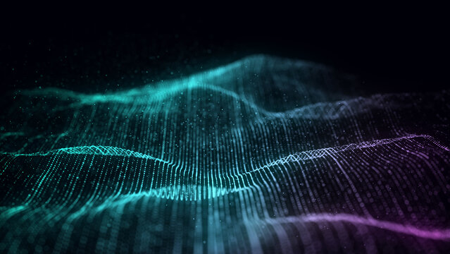 Music color wave of particles and lines. Big data visualization. Abstract blue background with a dynamic wave. 3d rendering.