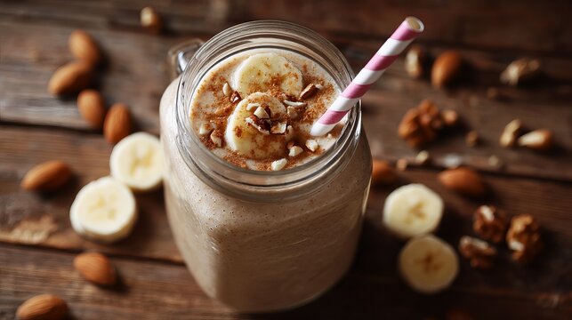 Creamy banana almond smoothie garnished with sliced fruit and cinnamon powder served inside glass jar with striped drinking straw topper