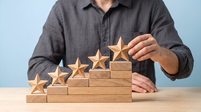 Man placing star on wooden blocks for rating.