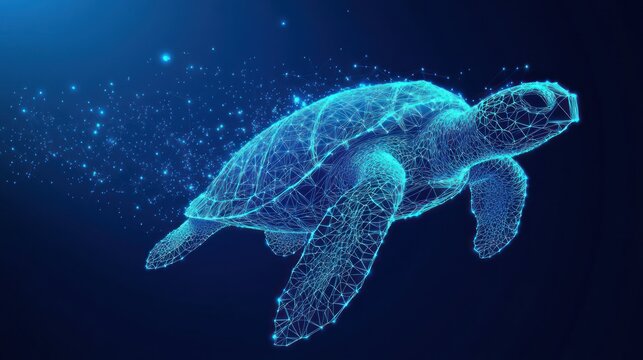 Abstract polygonal sea turtle swimming in ocean.