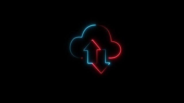 Neon cloud data sync animation, digital upload and download symbol for technology and network connectivity