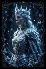 Fototapeta premium Ethereal ice queen wearing silver crown, ornate frozen armor. White hair flows in winter forest. Snowflakes fall around mystical woman in fantasy setting. Cold magical atmosphere with dark blue
