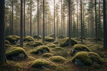 Obraz premium Ancient forest floor carpeted with mossy boulders and tall pine trees. Sunlight filters through canopy creating serene woodland atmosphere. Natural landscape with rough rocks covered in green moss.