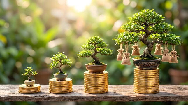 Bonsai trees on golden coins representing financial success.