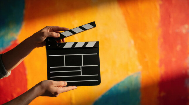 Hands hold open film clapperboard against abstract colorful blurred background. Director prepares for movie shoot ready to yell action. Cinema production start scene.