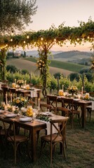 Obraz premium Rustic outdoor wedding reception tables set in Tuscan vineyard at sunset. Wooden furniture, floral decor, string lights, candle lights create warm romantic atmosphere for celebration. Guests await