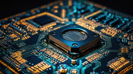 Fototapeta premium Microchip circuit board electronic component glowing circuit blue circuit technology board