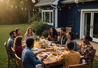 Obraz premium Diverse group of friends enjoying a festive outdoor dinner party at sunset