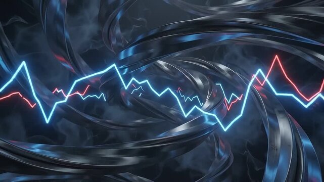 Abstract stock market charts glowing neon blue and red over dark twisted metal tunnel animation.