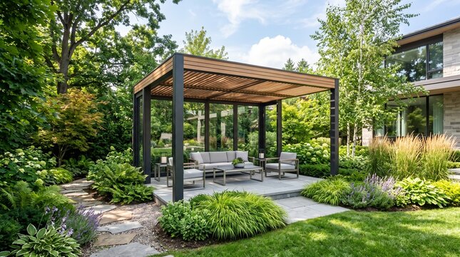 Modern minimalist gazebo in luxury garden, surrounded by greenery, architectural photography