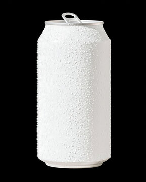 Close-up of an open white cooling beverage can with water drops flowing down. Summer coolness concept, morning freshness and minimalist liquid product design trends.