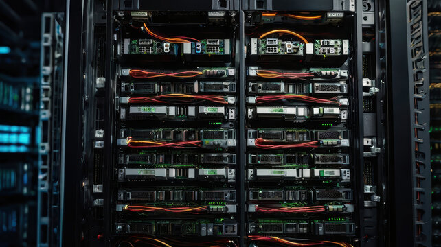 Enterprise server hardware, data center rack, illuminated cable, close up of server hardware