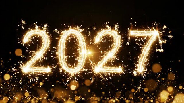 2027 glowing sparkler numbers with bright golden sparks and bokeh on black background