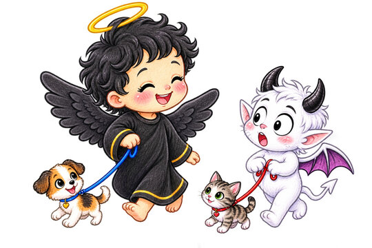 Cute cartoon chibi angel and little devil with their pets 