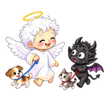 Cute cartoon chibi angel and little devil with their pets 