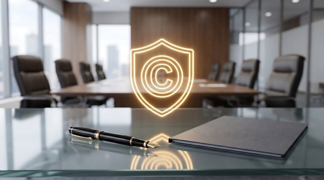 A glowing shield icon with a letter c inside sits on a modern glass conference table in an office boardroom