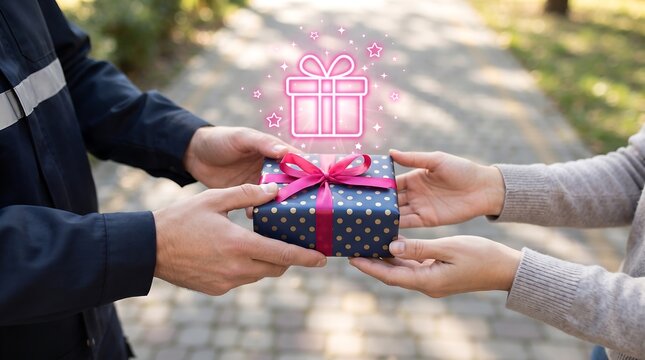 A close up view of a person handing a small wrapped gift box with a pink ribbon to another person