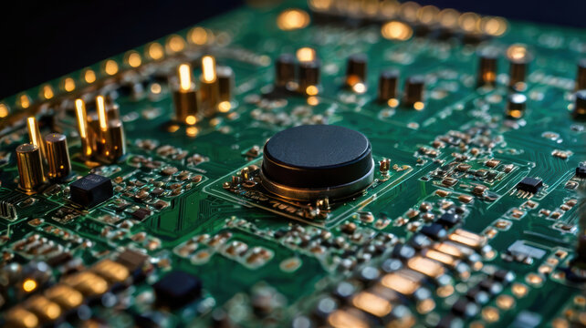 Circuit board radar electronics close up, precision technology with glowing components