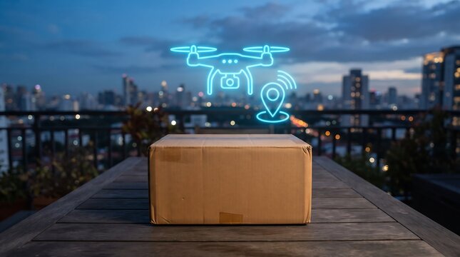 Drone delivering a package over a sprawling city skyline at twilight showcasing innovative logistics and streamlined transportation services