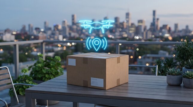 A simple brown cardboard box rests on a balcony with a sprawling city view and a bright digital network floating above