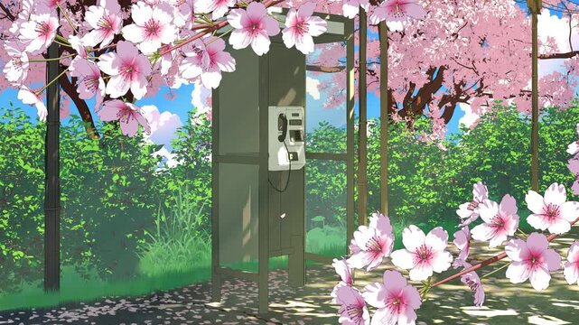 Phone booth and cherry blossoms