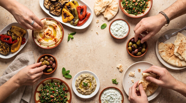 top view of diverse people sharing traditional middle eastern mezze feast with hummus pita bread olives tabbouleh salad and grilled vegetables together on table