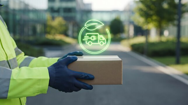 A delivery worker wearing a high visibility jacket holds a cardboard parcel with a glowing green digital logistics icon floating above