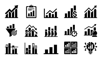 Fototapeta premium Black glyph icons representing business growth finance and data analysis