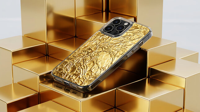 A luxurious smartphone completely covered in glittering gold sparkles rests with golden geometric forms surrounding it