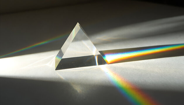 Prism refracting white light into vibrant rainbow spectrum on black background