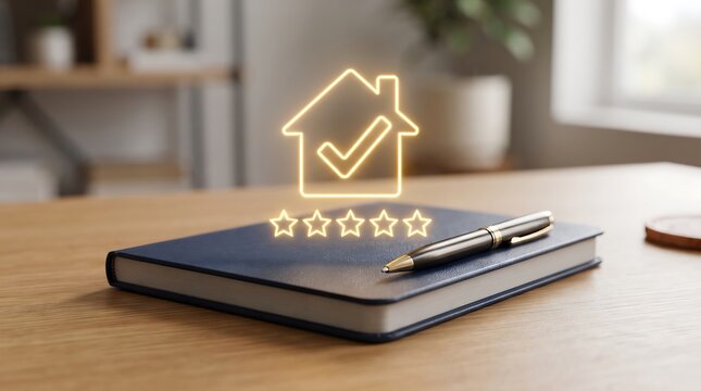A glowing house icon with a check mark and five stars floating above a notebook on a wooden desk surface