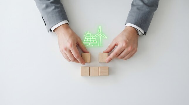 A business person arranging wooden blocks to form a concept of growth and success on a clean white office desk
