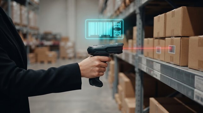 A warehouse worker uses a digital handheld scanner to track inventory items on shelves within a modern logistics distribution center