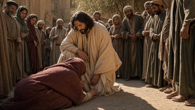Jesus Christ kneeling before a woman reaching out to touch his garment. Biblical scene of healing and faith from the gospel of Luke. Historical reenactment of an ancient religious event.
