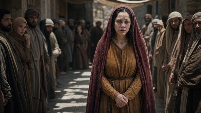 Sick woman with tears in eyes standing in middle of ancient crowd. Biblical scene from Gospel of Luke about woman suffering from illness seeking healing. Historical religious portrait.