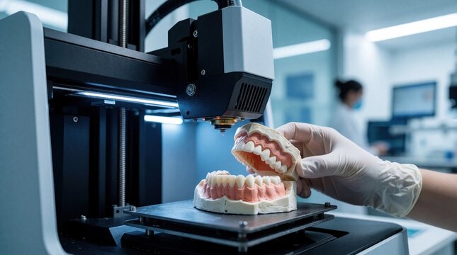 3D printer makes dental jaw model in lab. Hand holds teeth prosthetic next to machine. Modern dentistry tech for dental care and prosthetics.