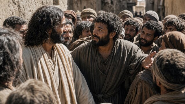 Jesus talking to crowd in ancient street. Biblical scene depicting man speaking to group of followers in robes. Religious story, spiritual gathering and historical pilgrimage theme.