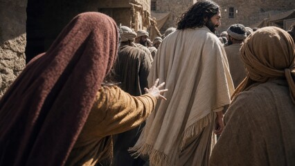 Obraz na płótnie Canvas Sick woman touching garment of Jesus for healing in crowd. Biblical scene from Gospel of Luke portraying faith and miracle. Historical religious narrative of divine grace and power.