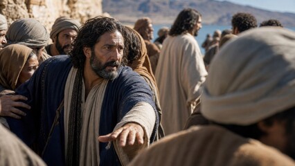 Obraz premium Jesus in crowd of people as described in the Bible. Man reaching out hand to community in biblical scene. Religious narrative showing historical setting and spiritual leadership concept.
