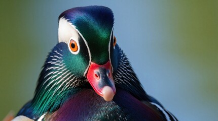 Obraz premium Close up on head of colorful male wood duck. Vibrant plumage, orange eye, red beak. Aquatic bird profile with detailed feathers, natural background soft focus.